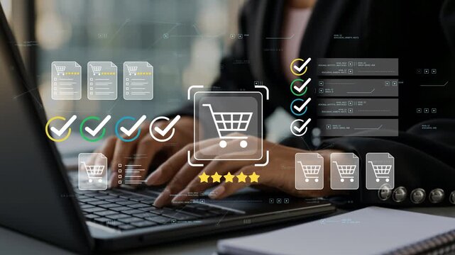 Businesswoman in modern office analyzing consumer behavior with animated shopping cart icon, ecommerce insights, purchasing trends and digital retail performance management
