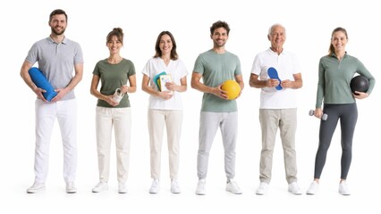 Obraz premium Multidisciplinary Rehabilitation Team Holding Therapy Equipment on White Background