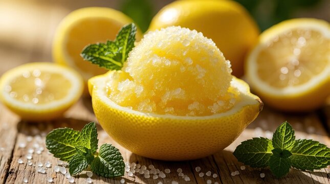 Bright yellow lemon sorbet sits inside halved citrus fruit on wooden board. Refreshing skincare scrub features organic ingredients mint leaves sugar crystals for body exfoliation. Natural cosmetic