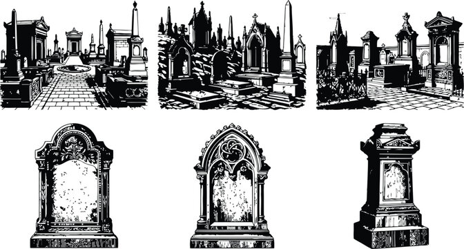 Vintage halloween cemetery engraving with tombstones and mausoleums in a spooky atmosphere