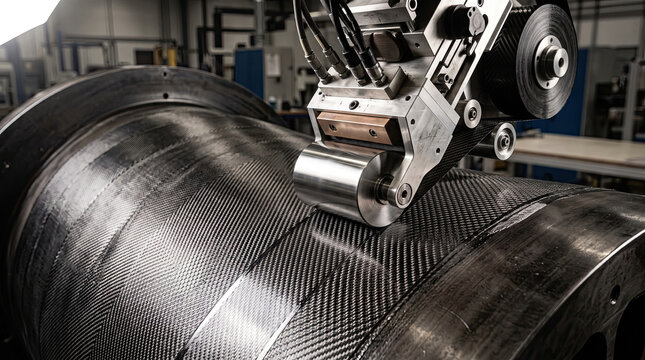 Robotic arm applying carbon fiber material on cylindrical part with machine