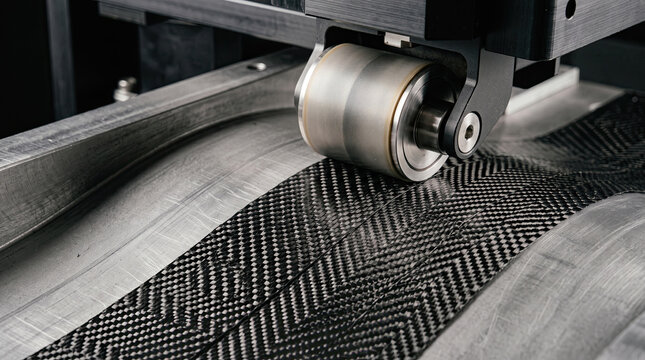 Machine roller applying carbon fiber fabric to curved surface with industry