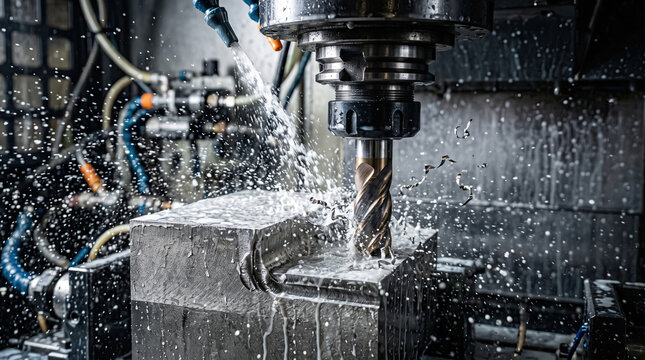 CNC milling machine carving a metal block with coolant spray