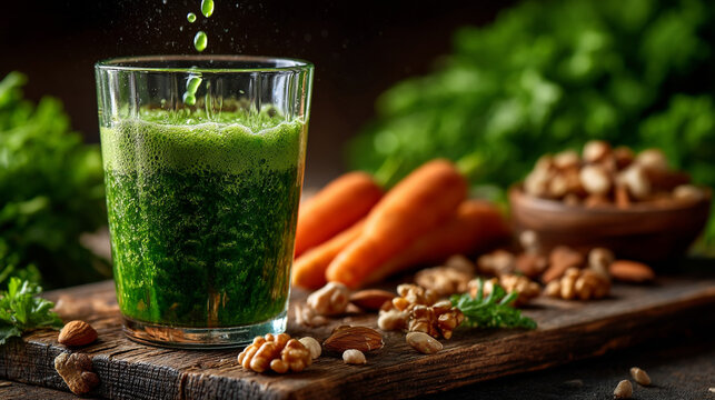 Fresh green vegetable smoothie being poured into glass with carrots and nuts, smoothie