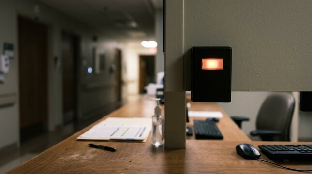 Bed Alarm Indicator Light Glowing Amber Against a Pale Headwall - Alarm Indicator Light for Hospital Patient Monitoring