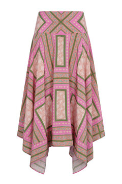 Pink patterned midi skirt with handkerchief hem isolated on transparent background