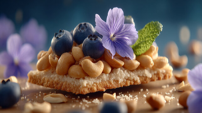 Healthy cashew and blueberry cracker snack topped with edible purple flower and mint
