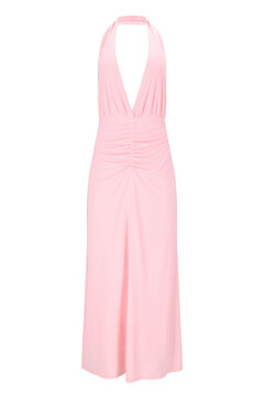 Pink halter neck midi dress with ruched detailing isolated on transparent background