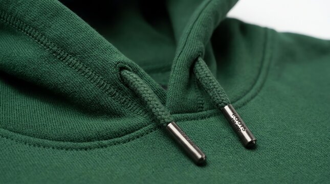 Close up of a dark green cotton hoodie collar with drawstrings and metal aglets on a white background