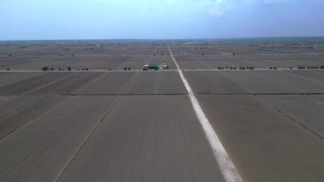Vast aerial view of Sekinchan Infinity Harvested rice fields featuring barren rectangular plots, paths, and a distant building, preparing for cultivation. Stunning aerial view dolly left drone panora