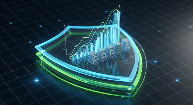 Futuristic Data Protection Shield with Financial Growth Graph and Secure Servers