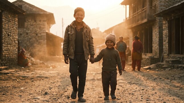 Smiling Nepalese brother and little sister wearing a beanie walking together on a dirt road in a mountain stone village