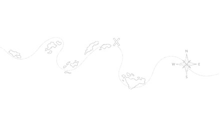 Winding travel path across islands with compass graphic, minimalist white background © Free Account