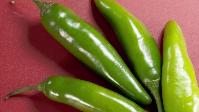 Extreme closeup of fresh green chili peppers arranged on red background showcasing smooth glossy texture and vibrant natural color. Detailed macro footage ideal for food backgrounds and culinary theme