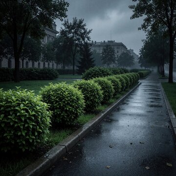 Wet sidewalk with manicured bushes under grey rainy sky. City street with green grass, trees, buildings, and wet asphalt. Peaceful urban nature.
