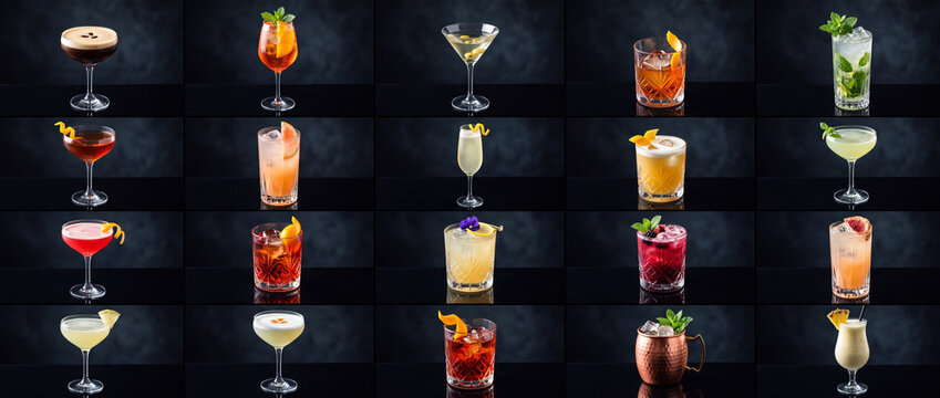 Professional high-quality photo grid collage featuring a variety of diverse alcoholic beverages, mixed long drinks, short shots, and summer refreshments in elegant glassware with fresh garnishes.