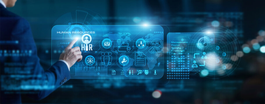 Talent manager touch virtual screen Human Resources. Streamlining recruitment and employee development programs to build high-performing teams and a positive workplace culture today.