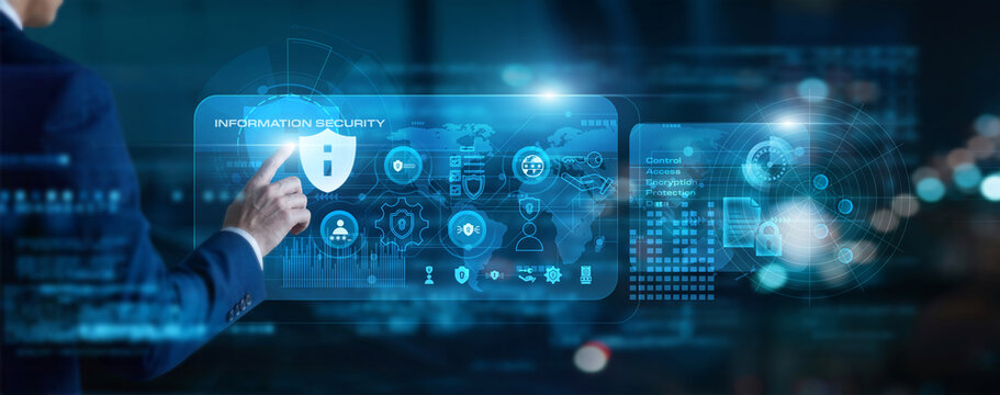 Cyber expert touch virtual screen Information Security. Protecting digital assets and private data by deploying advanced encryption and threat detection systems to prevent cyber attacks.