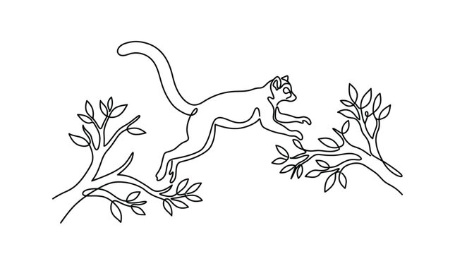 Continuous line art of a monkey jumping between tree branches.