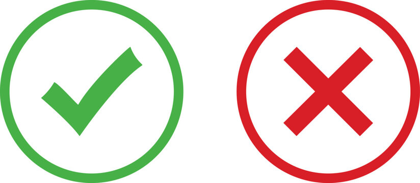 Green check mark and red cross mark icons set representing correct and incorrect choice buttons isolated on a white background