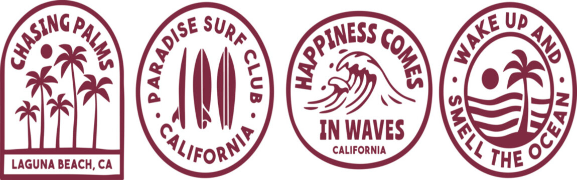 Surf badge vector set with retro beach emblems, palm trees, and ocean waves. Minimal coastal logo collection perfect for apparel, branding, and summer designs.