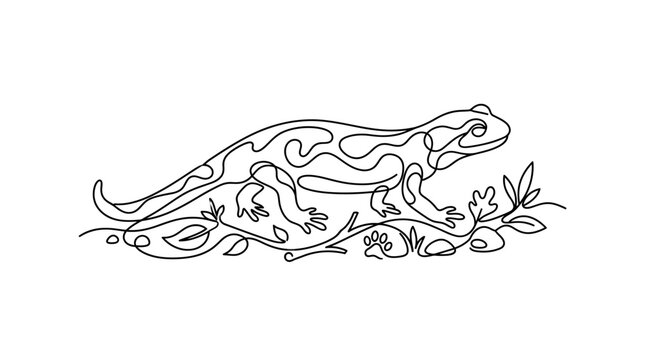 Continuous single line drawing of a spotted salamander walking on ground.