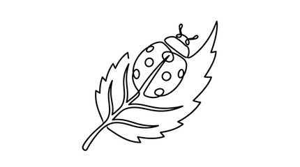 Continuous line drawing of a cute ladybug resting on a leaf. © heri