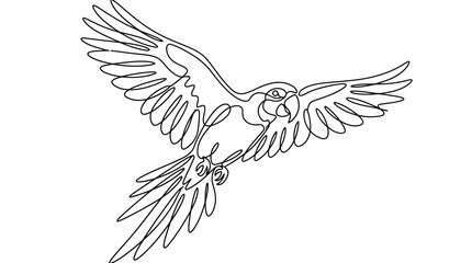 Continuous line art of a flying macaw parrot in minimalist style. © heri