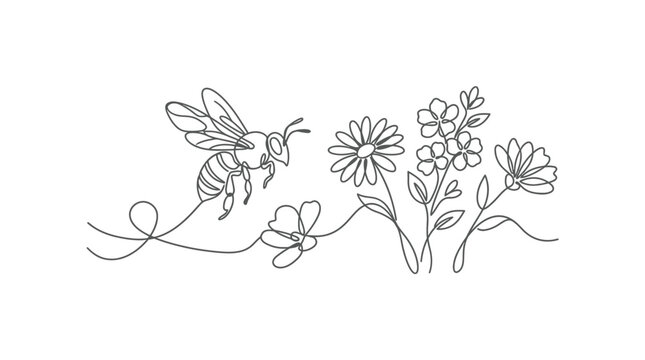 Continuous single line drawing of a honey bee flying towards a bouquet of spring flowers.