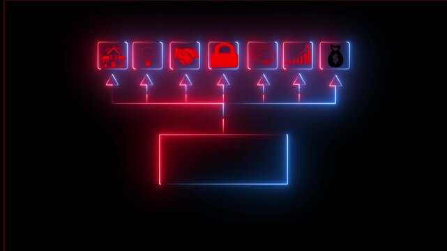 Diagram features various business icons glowing in red and blue shades connected to a central rectangular frame for data display to represent a structured digital analysis of corporate workflow.