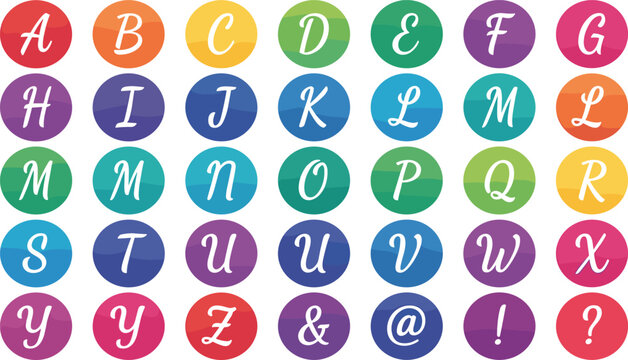 Alphabet letters colorful circles set, cursive font typography design elements, modern script alphabet, education graphics