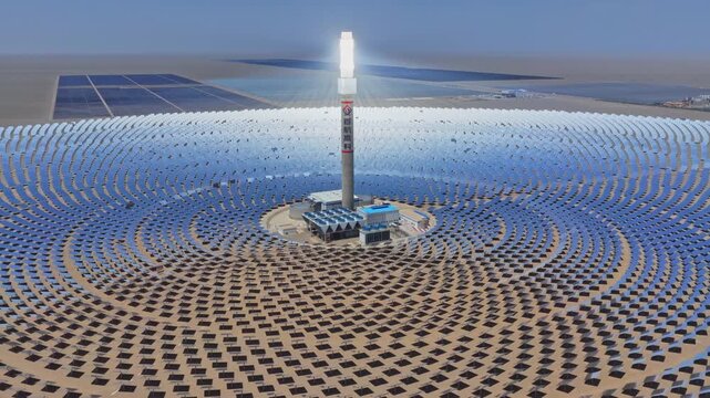 Molten salt tower solar thermal power plant, new energy, super mirror power plant, prism tower