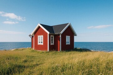 Obraz premium Small red wooden cottage stands on grassy hill near sea in Sweden. Traditional Scandinavian house overlooks blue ocean water during summer day. Sunny rural landscape features old Nordic cabin on