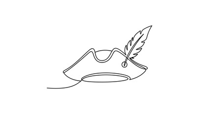 Fototapeta premium Tricorn hat with feather, one line drawing, minimalist, historical headwear.