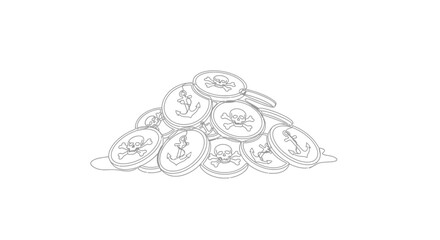 Pirate Treasure Coins Pile Outline Illustration - Skull Anchor © Gereh