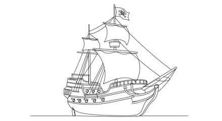 Hand-drawn sketch of a majestic sailing ship with billowing sails and pirate flag, isolated on white background. © Gereh