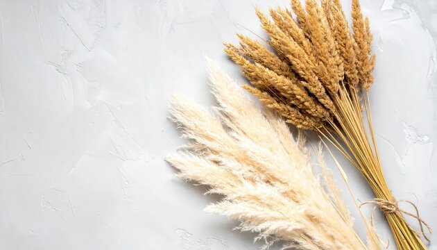 Top View Flat Lay of Dried Pampas Grass and Wheat Bundle on White Textured Background