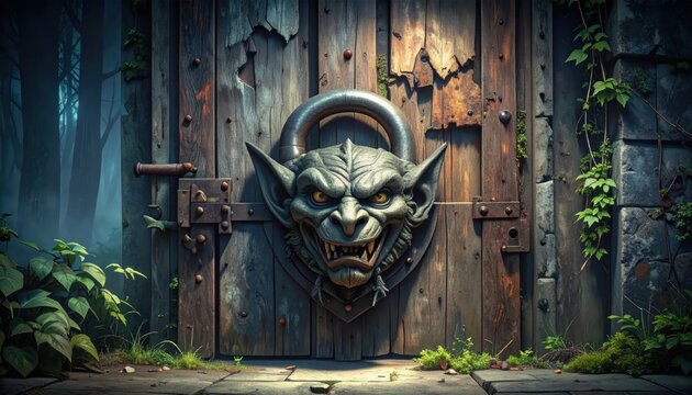 Old wooden door with metal knocker.
