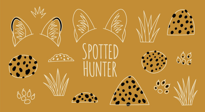 Graphic set of wild cat elements like ears, leopard spots, and paw tracks with Spotted Hunter text.