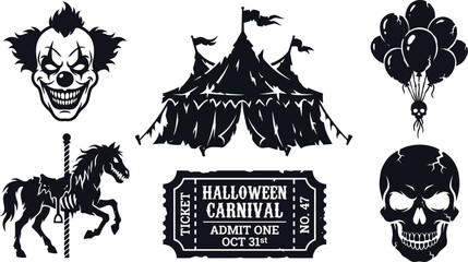 Halloween carnival elements clown tent ticket skull and balloons in black silhouette © TangemTalukder