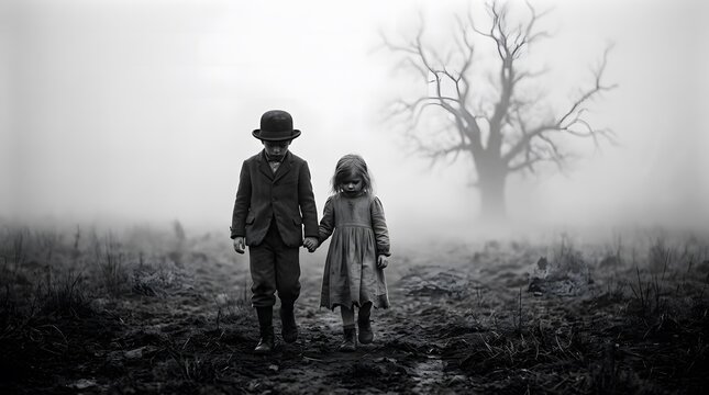 Two children walking through a misty field toward a dead tree for a spooky happy halloweeen concept