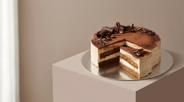 Tiramisu cake with a slice removed realistic food photography on a metallic stand in a chocolate plain background