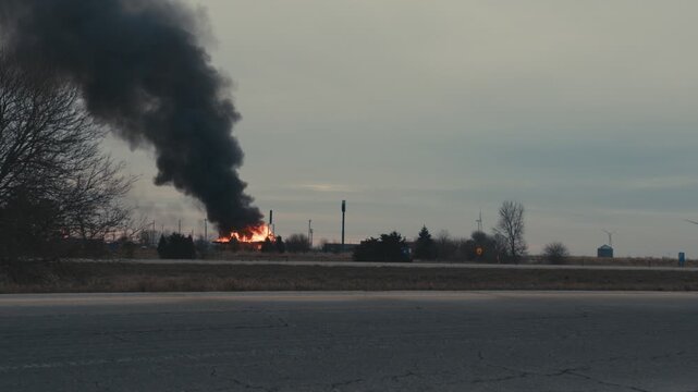 Industrial building fire producing thick black smoke