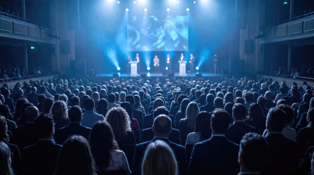 Business professionals presenting on stage with audience during a conference with blue stage lighting