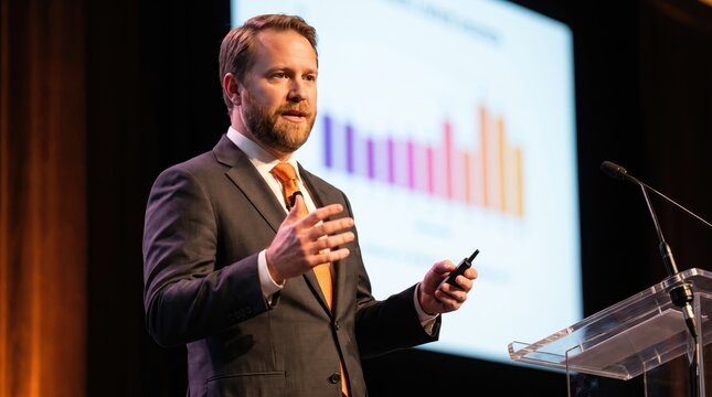 Businessman presenting data chart with engaging gestures during a corporate conference with soft stage lighting