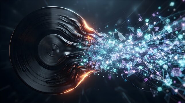 Warped vinyl record melting into digital data stream showing retro audio media evolution design