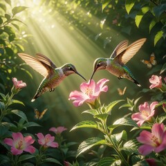 Fototapeta premium Two hummingbirds fly above pink tropical flowers in bright sunlight. Small birds hover near blossoming buds in green garden. Sunlight rays shine through foliage leaves tiny butterflies flutter around