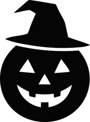 Black jack o lantern pumpkin icon with a witch hat isolated on transparent background