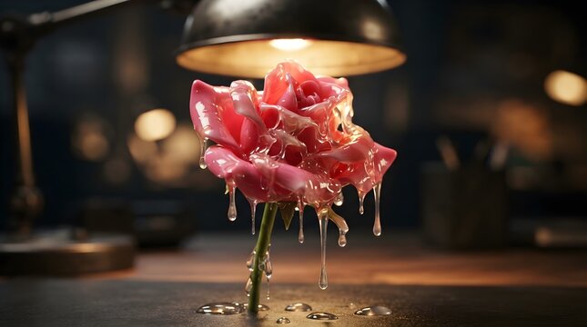 Artificial plastic flower melting quickly directly under intense heat from laboratory lamp