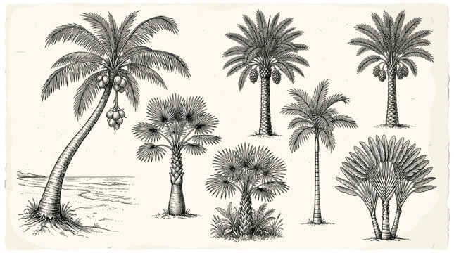  Vintage Tropical Palm Tree Sketch Illustration Sheet Featuring Engraved Leaning Coconut Palms Travel Travelers Trees Date Palms and Fan Palm Vectors